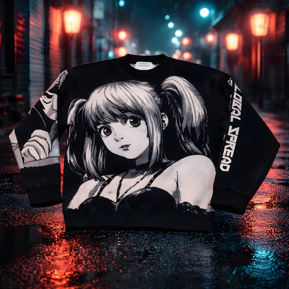 FELLVISHK Mens Misa Amane Anime Knit Sweater Black Crewneck Streetwear Size M